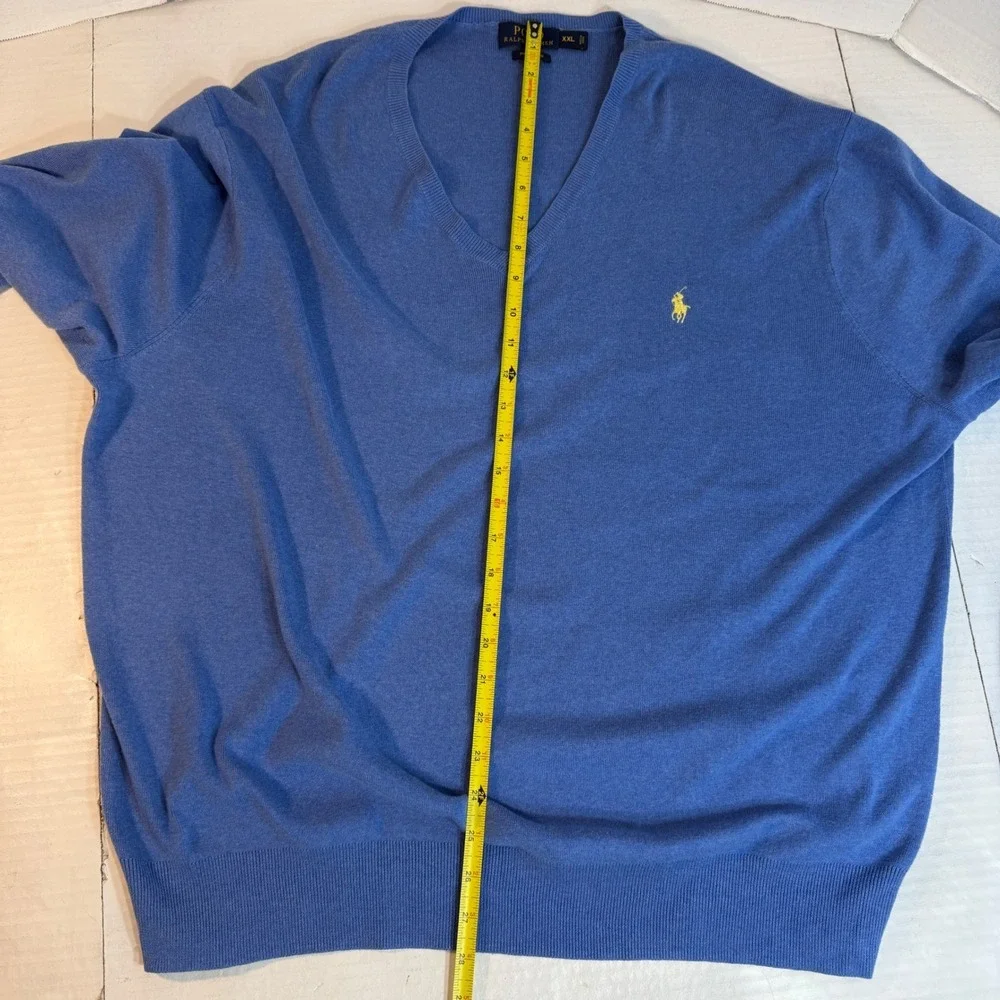 Ralph Lauren Men's 2XL Sweater Preppy Pony Blue Pima Cotton‎ V-neck Jumper EUC